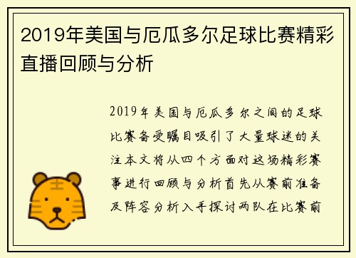 2019年美国与厄瓜多尔足球比赛精彩直播回顾与分析